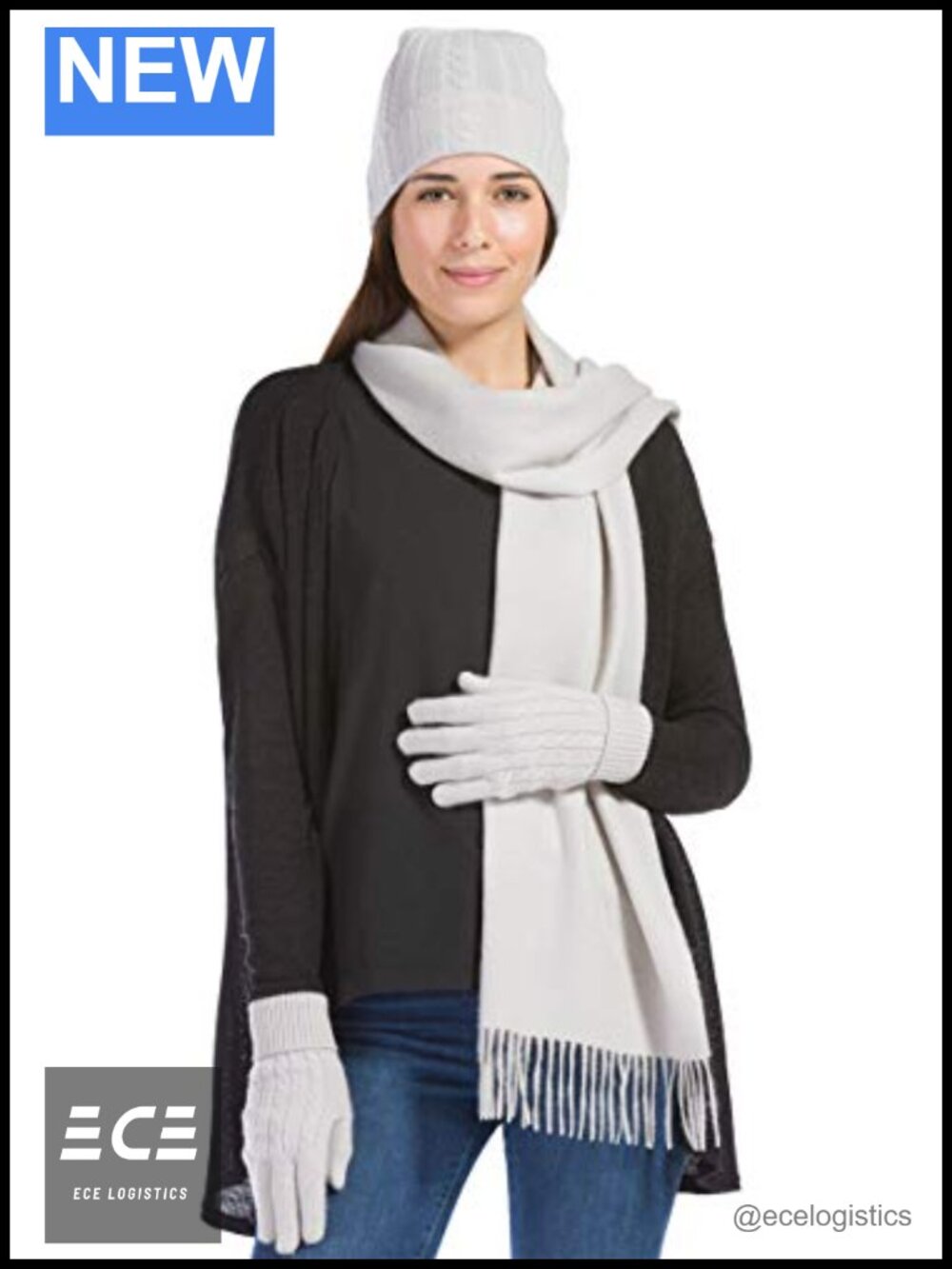 100% Cashmere 3-Piece Cable Knit Hat Glove Fringe Scarf Set Gift Box